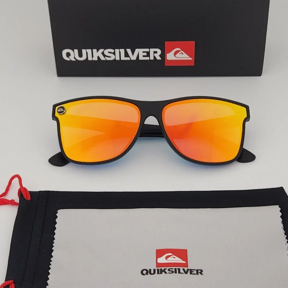 Quiksilver Round Flat Lens Sunglasses Matte Black Frame Orange Mirror Lens Q30